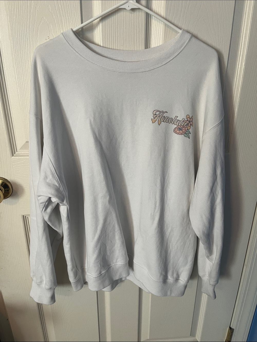 Hollister White Crewneck Sweatshirt with Floral 'Honolulu' logo